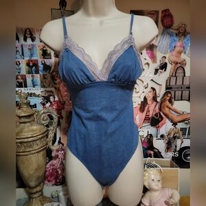 Faux Denim Lace Trim Bodysuit
